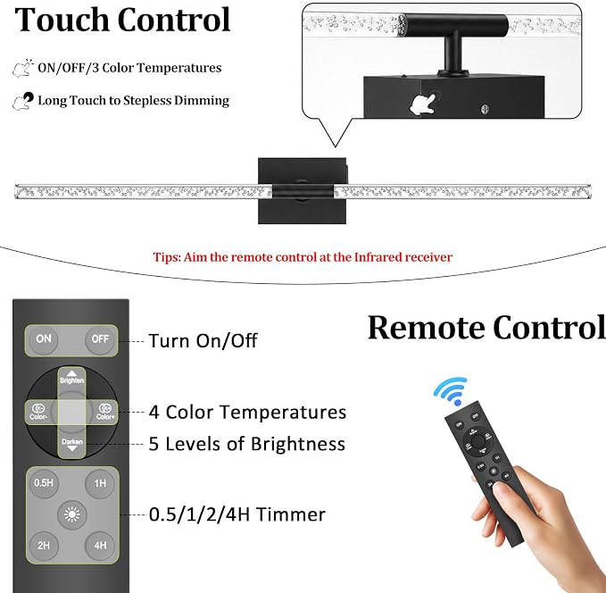 Crystal Bubble Wall Sconces Set of 2, Black 10000mAh Rechargeable | Wireless Lights with Remote & 360° Rotate, 4 Color Temps Dimmable, 31.5" Wall Lamp for Bedroom Living Room Mirror