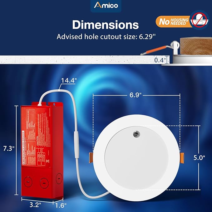 Amico 4 Pack 6 Inch LED Emergency Recessed Lights with 90 Min Battery Backup, 5CCT 2700K-5000K Selectable Ultra-Thin Downlight, 16W 1100LM Brightness Dimmable Canless Wafer Light, ETL/FCC/UL/IC