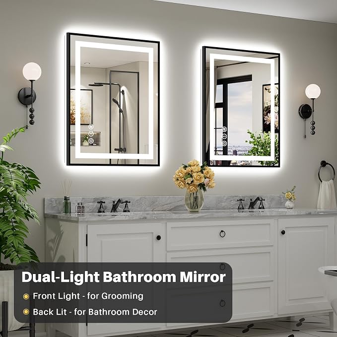 28X36 Inch LED Bathroom Mirror with Black Frame, Backlit & Front Lit | Anti-fog, 3 Color Dimmable, Memory Function, HD Reflection Tempered Glass, ETL Listed, IP54 Waterproof