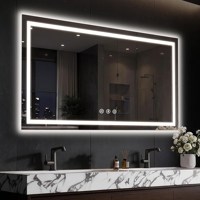 48x32 LED Bathroom Mirror with Anti-Fog, Backlit & Front Lit, Memory | Stepless Dimmable 3 Color CRI 95+ Shatterproof Tempered Glass ETL Listed for Safety Lighted Bathroom Vanity Mirror for Wall