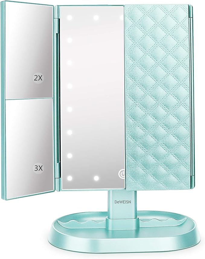 Trifold Lighted Vanity Makeup Mirror with 21 LED Lights,1x/2x/3x Magnification Touch Screen Dimming,Two Power Supplies Makeup Mirror, Gift for Women