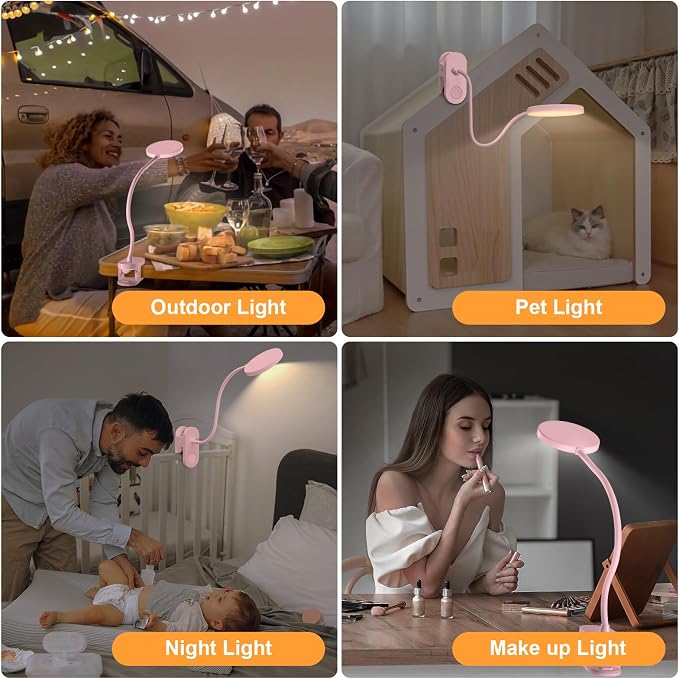 Rechargeable LED Desk Lamp with Clamp, Portable Clip on Light with 3 Color & 10 Brightness, Cordless Desk Light for Makeup Home Office Book Reading Crafting Sewing Drawing Knitting Puzzle (Pink/4.7'') | 10 Brightness Levels, Clamp Lamp with USB-C, 15.8...