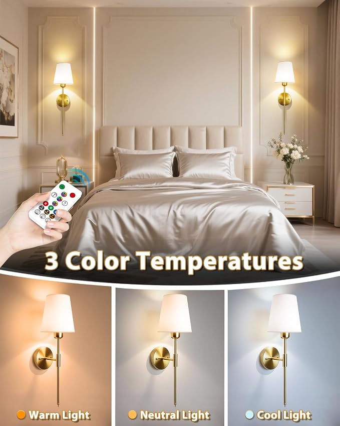 Adetu Wall Sconces Set of 2, Battery Operated Wall Sconce | 10000mAh Magnetic Bulbs and Remote, RGB & 5%-100% DimmableRechargeable Wall Lights for Bedroom Living Room Hallway Decor
