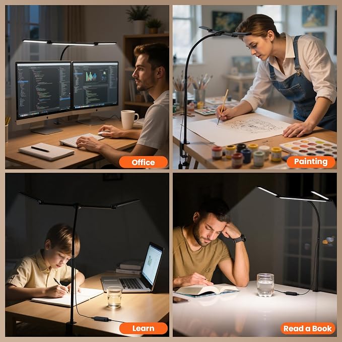 LED Desk Lamp for Office Home, 3 Head Adjustable Desk Light with Adapter | Computer Monitor light Bar Stepless Dimming, Eye Caring Architect Desk Lamp Table Lamp for Reading Study Workbench Black