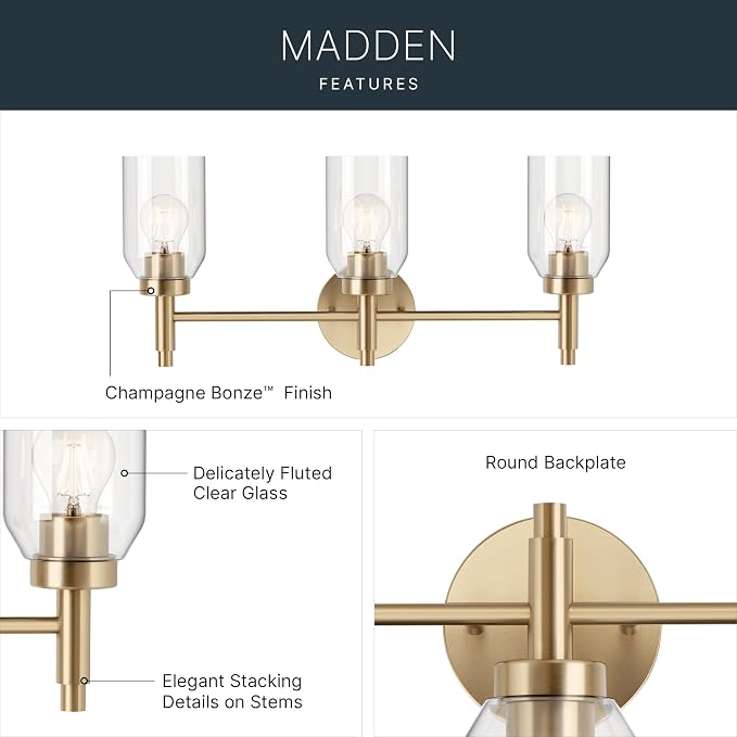 Kichler Madden 3-Light Bathroom Vanity Light, Champagne Bronze | Modern vanity light with clear glass for single bathroom mirrors (24" x 10.5"), 55185CPZ