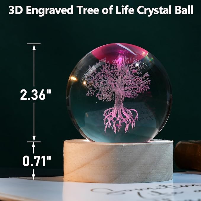 IFOLAINA Tree of Life Crystal Ball with Lighted Base Laser Engraved Glass Ball Tree of Life Night Light Decorative Globes 3D Crystal Plant Sphere Gifts for Her Birthday