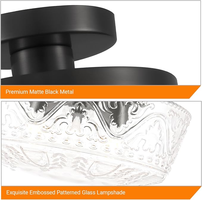 Daunton 3 Light Semi Flush Mount Ceiling Light Fixtures, Matte Black Hallway Light Fixtures with Thickened Glass, Vintage Ceiling Light Fixture for Bedroom Closet Entryway Bathroom Kitchen, E26*3