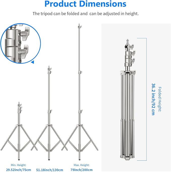NEEWER 79"/2m Stainless Steel Light Stand, Spring Cushioned Heavy Duty Photography Tripod Stand with 1/4” to 3/8” Universal Screw Adapter for Strobe, LED Video Light, Ring Light, Monolight, Softbox