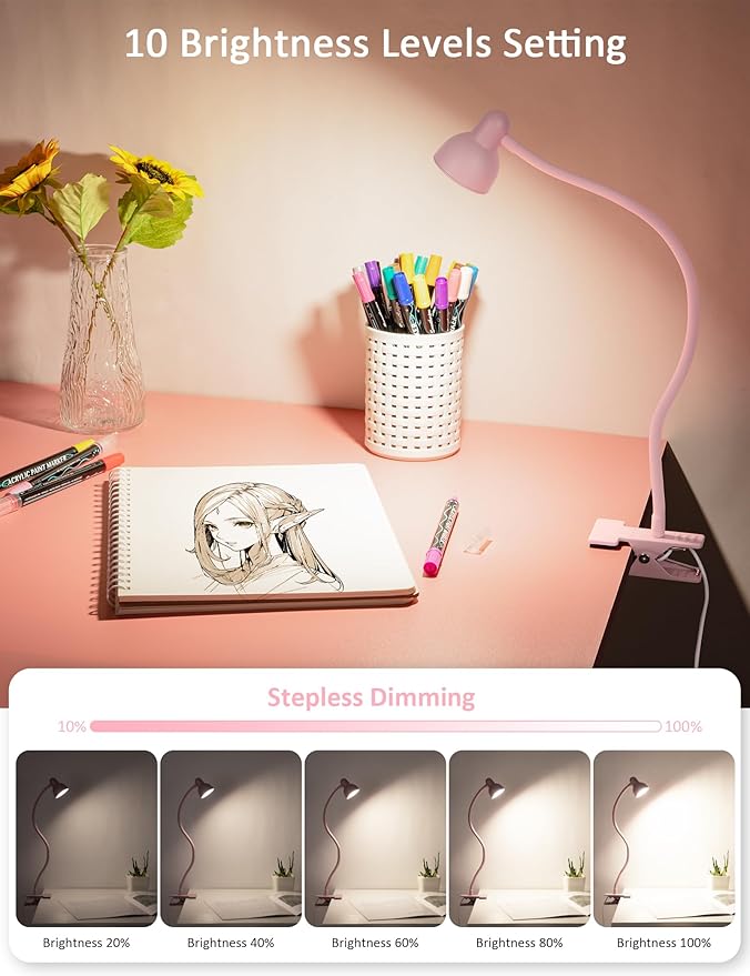 Pink Small Desk Lamp Clip on Reading Light for Bed 3 Colors | 10 Brightness Dimmable Flexible Gooseneck Clip on Light for Bed Headboard College Dorm Room