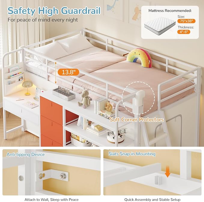 Low Loft Bed Twin Size with Desk, 6 Storage Drawers & Bookshelf, Kids Loft Bed with LED Lights & Under-Bed Play Space, Heavy Duty Metal Frame with 13.8"H Safety Guardrail & Ladder, White & Multicolor