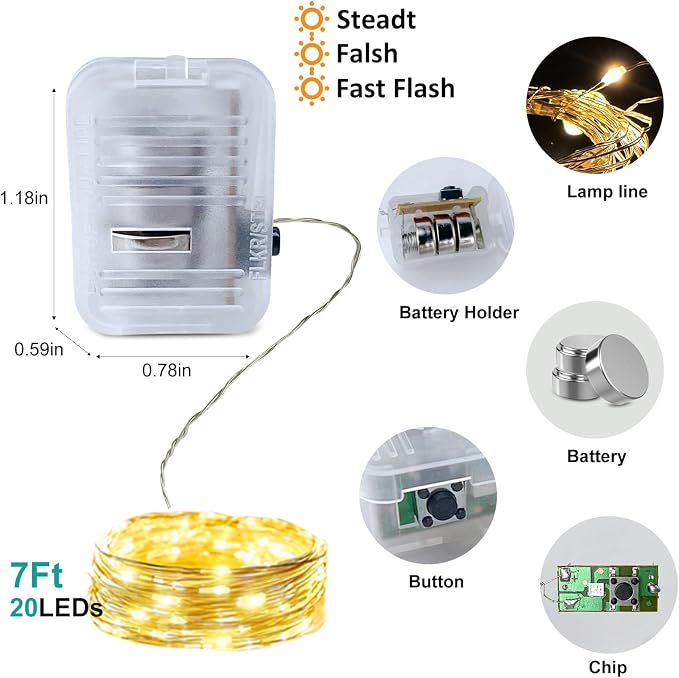 ZGWJ 12 Pack Warm White Fairy Lights, Mini String Lights | Battery Operated 7 FT 20 LED Waterproof 3 Modes for DIY, Parties, Wedding, Halloween, Christmas Decoration