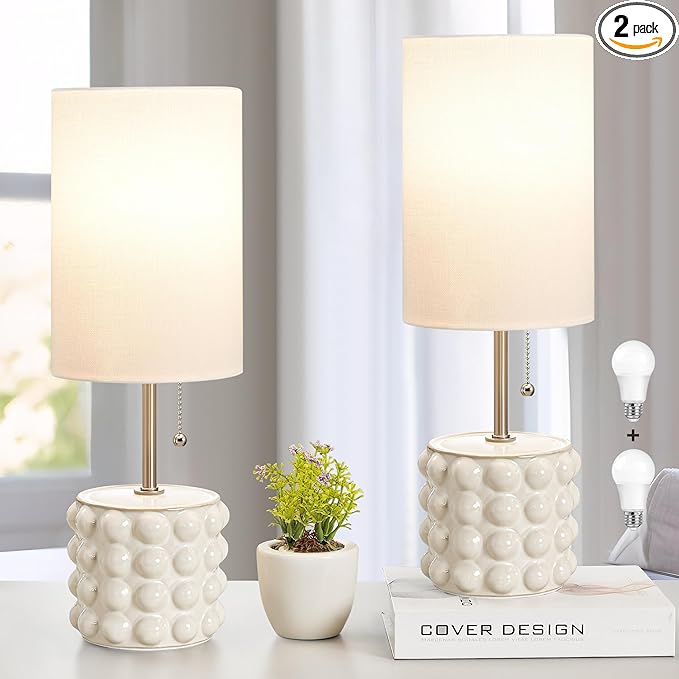 GyroVu Ceramic Small Table Lamp Set of 2, Adjustable Color Temperature Bedside Nightstand Lamps with Pull Chain for Bedroom Living Room Reading, White, 2 Bulbs