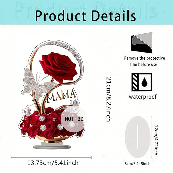 Rose Flower Ornament 2D Flat Acrylic Tabletop Present with Floral Butterfly Designs DIY Crafts Mothers Day Present Home and Office Desktop Ornaments Decorations Supplies
