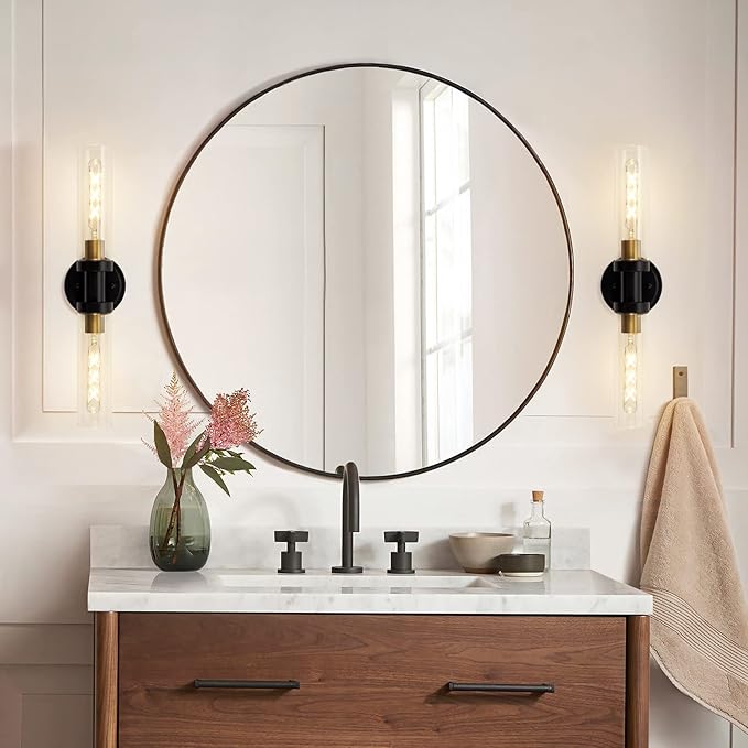 Hardwired Wall Sconces Set of 2, Bathroom Sconces Vanity Light Fixture with Clear Glass, Black and Gold Farmhouse Wall Lights for Bathroom Mirror Living Room Hallway Kitchen