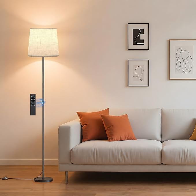 Dimmable Floor Lamp with Linen Shade for Living Room | Dimmable LED Standing Lamp with Remote & Foot Switch, Modern Floor Reading Light for Bedroom Office Corner