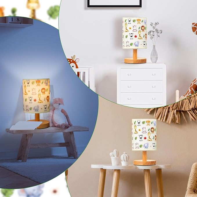 Safari Animal Kids Table Lamp for Bedroom Kids Bedside Lamp with Linen Wooden Nightstand Cartoon Nursery Lampshade for Girls Boys Living Room