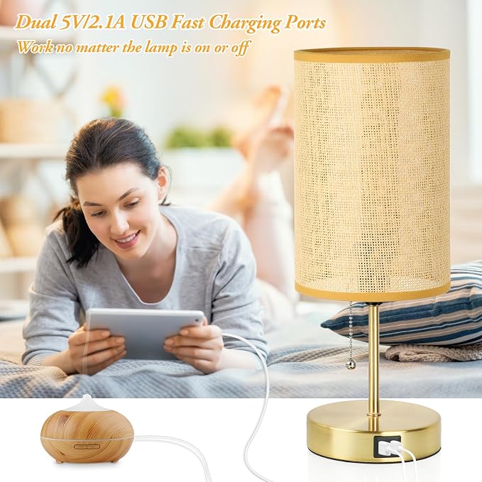 Set of 2 Table Lamp with 2 USB, Vintage Bedside Lamps for Bedrooms, Nightstand Lamps with Pull Chain, Bamboo Woven Desk Lamps with Rattan Lampshade and Gold Metal Base for Bedroom Living Room Desk