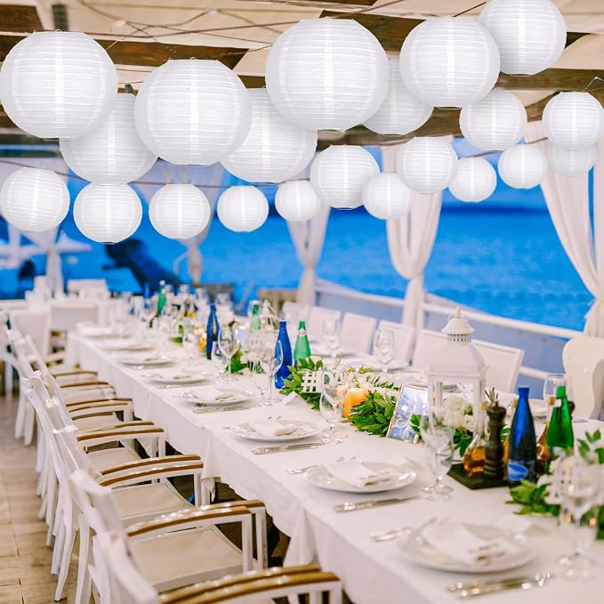 21-Pack White Paper Lanterns, Hanging Round Party Decorations | Reusable Indoor & Outdoor Decor for Graduation, Wedding, Birthday, Baby Shower, Classrooms & Photo Backdrops