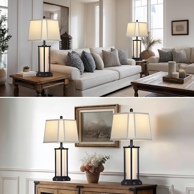 27" Tall Vintage Table Lamp Set of 2 with USB C+A & Outlet,Black Industrial End Table Lamp for Living Room,Farmhouse Rustic Bedside Lamps with Bell Lampshades for Bedroom Nightstand,Black