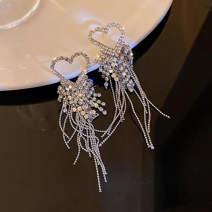 Luxval Rhinestone Earrings Dangling for Women Sparkly Silver Dangle Earrings Girls Long Chandelier Earrings Tassel Lightweight Ear Studs Cubic Zirconia Crystal Statement