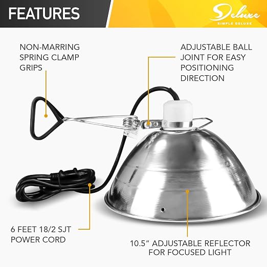 HealSmart Clamp Lamp Light with 10.5 Inch Aluminum Reflector and Bulb Guard up to 250 Watt E26 Socket (no Bulb Included) 6 Feet 18/2 SJT Cord, Silver, 10.5 Inch Clamp Light