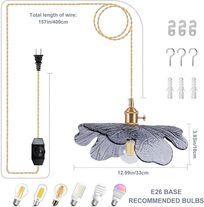 Plug in Pendant Light Fixtures,Hanging Light Fixture 12.9in Blue Glass Pendant Light,E26 Pendant Lighting for Kitchen Island, Bedroom, Dining Room, Living Room