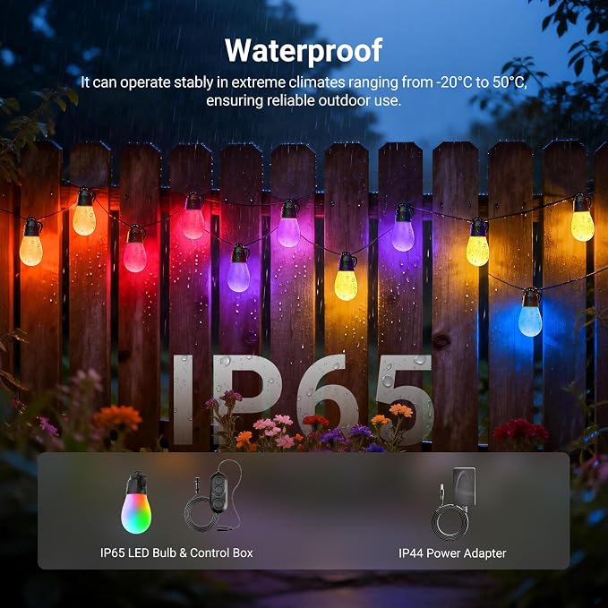 NEEWER NR01 144ft Outdoor String Lights App Control Smart AI RGB IC W Light | Patio Balcony Backyard Outside Hanging Lighting, IP65 Waterproof, 45 LED Bulbs, 50+ Scenes, Compatible with Alexa Google