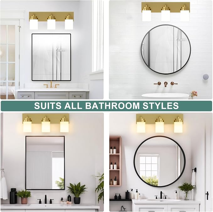 IZORRO Bathroom Vanity Light Fixture, 3-Light 22 Inch Gold Bathroom Light Fixtures Over Mirror, with White Glass Shade, Modern Farmhouse Vanity Lights, Rustic Restroom Lighting Fixtures