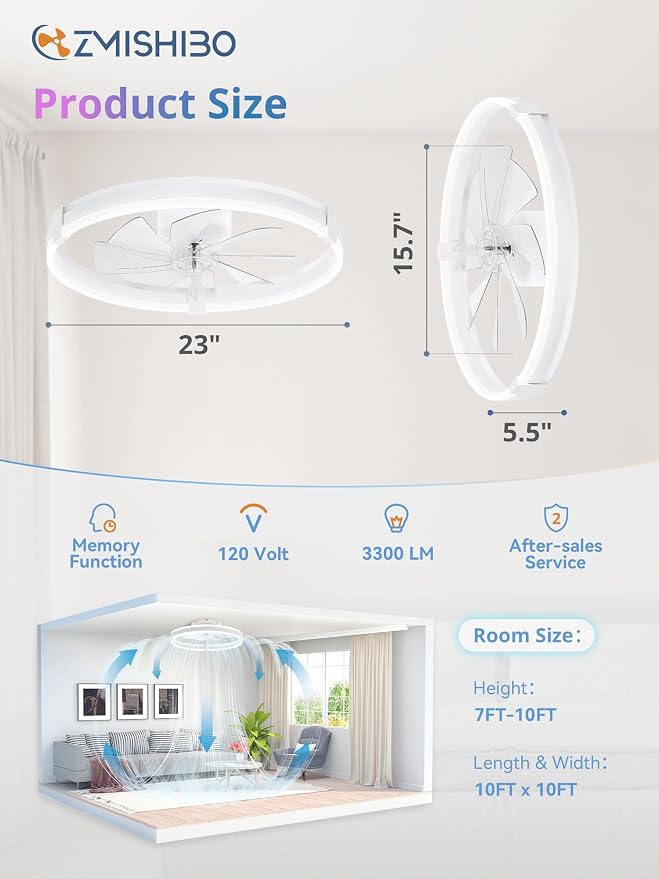 ZMISHIBO 23" RGB Low Profile Ceiling Fans with Lights and Remote, White | Custom RGB+3CCT Dimmable, 6 Speeds, Remote/App Control, Reversible DC Motor, Memory, Timer, Modern Fandelier for Kids/Bedroom