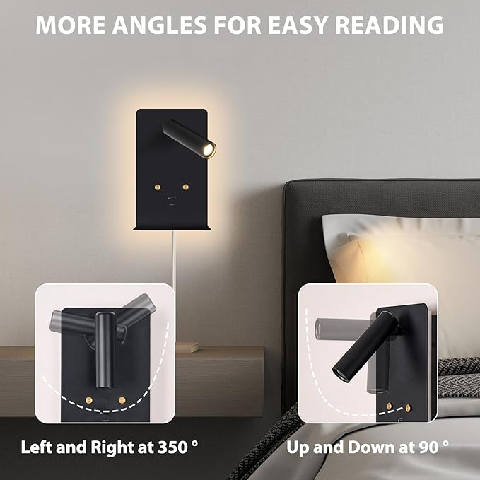 ZEROUNO LED Dimmable Wall Mounted Reading Light, Backlight Night Wall Lamp, Adjustable Headboard Plug in Wall Sconce with USB C+A Ports, LED Reading Light for Bedroom Bedside Lamps