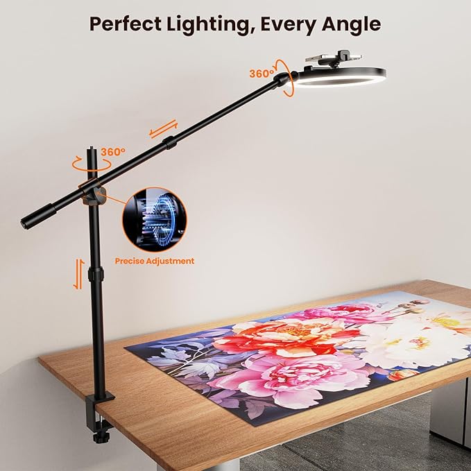 Desk Ring Light with Stand and Overhead Phone Mount,Tripod for iPhone with Ring Light,Phone Holder for Video Recording, 3 Light Modes, Circle Light Ringlight for Artist/Painting/Content Creator