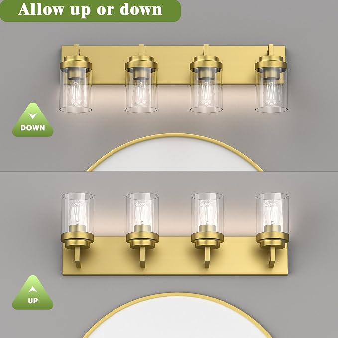 Bathroom Lighting Fixtures, 4-Light Bathroom Vanity Lights Over Mirror, Brass Vanity Light with Glass Shade, Modern Vanity Lighting Fixtures for Bedroom, Hallway