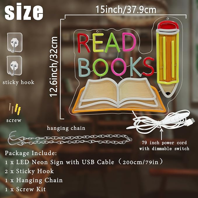 Read Books Neon Sign Printed Pencil and Book Neon Light for Wall Decor | USB Dimmable Read LED Neon Signs for Classroom Reading Room Bookstore Library Bedroom Study Room Bookish Decoration for Teens
