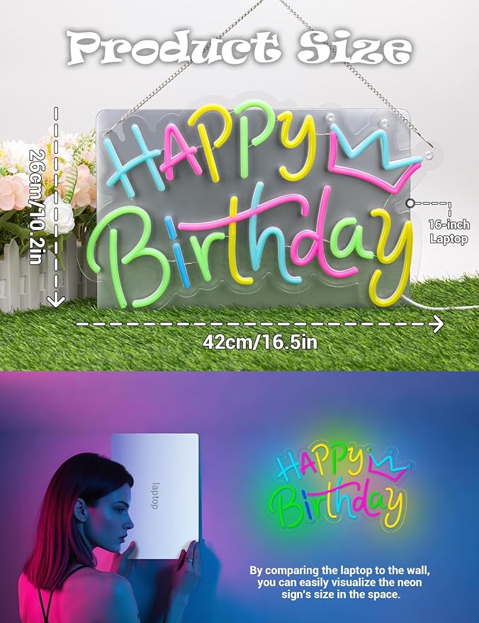 Happy Birthday Neon Sign for Decorations Backdrop, Happy Birthday Light Up LED Sign for Party Backdrop with Dimmable USB Power for Any Ages (Happy Birthday)
