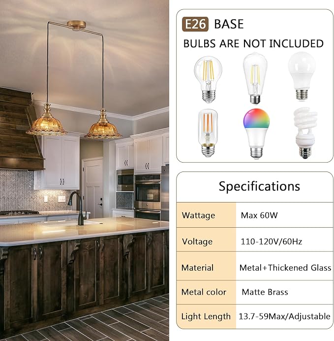 HDDFL Vintage 2 Light Pendant Light Fixtures Modern Brown Glass Hanging Lighting with Adjustable Cord for Kitchen Island Dining Room Living Room Hallway
