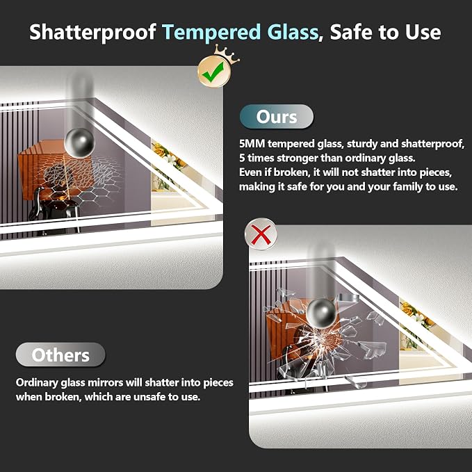 48x32 LED Bathroom Mirror, Backlit & Front Lit Lighted Mirror | Anti-Fog Vanity Mirror with Lights, 3 Color Dimmable, Memory, HD Tempered Glass, CRI95, IP54, UL Listed, Horizontal/Vertical