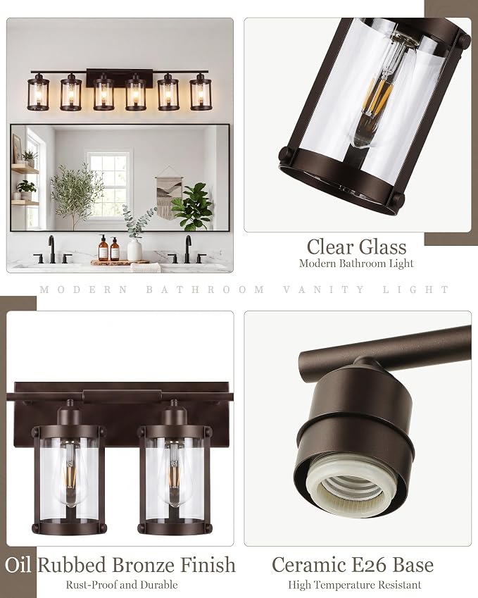 6-Light Oil Rubbed Bronze Bathroom Light Fixtures, 42 Inch Modern Bathroom Vanity Lighting Fixtures Over Mirror with Clear Glass and Metal Cage Wall Sconce Lights for Bath, OS-3014ORB-6W