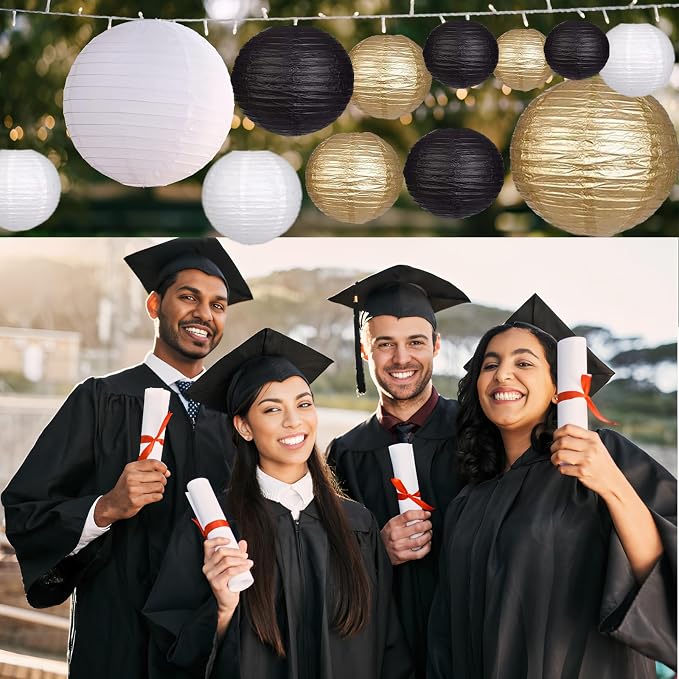 12Pcs Paper Lanterns 6”, 8”, 10”, 12”,Paperlanterns Party Decoration, Black White Gold Paper Lanterns for Wedding, Bridal, Birthday, Outdoor, Home, Garden, Holiday and Party.