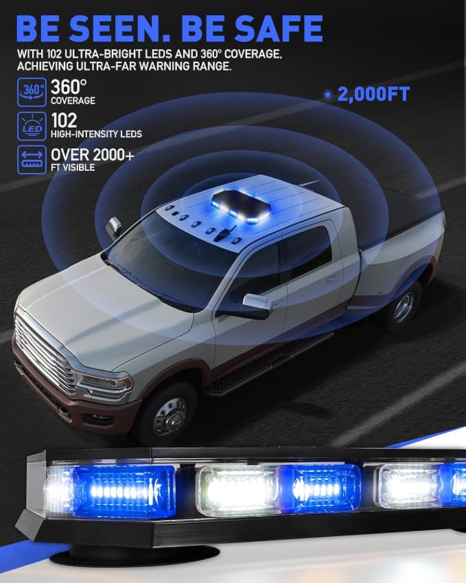 HLauto 406D Rooftop Emergency Strobe Lights Bar, 102 LED Blue White Mini Beacon Safety Flashing Warning Traffic Lights Bar w/Magnetic Base for 12-24V Trucks, Construction Vehicles, Snowplow, Cars