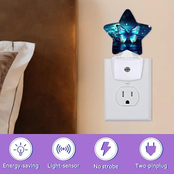 Night Lights Plug Into Wall Decorative,Blue Butterfly Nightlights for Kids Bedroom, Fantasy Energy Efficient Dusk-to-Dawn Sensor Sleep Friendly Lamp for Nursery Bathroom