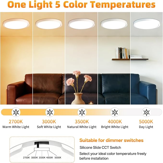 15.8Inch 2Pack LED Flush Mount Ceiling Light,5CCT,ETL Listed,Dimmable White | Hardwired 5CCT Selectable 2700K-5000K,30W 3400LM Dimmable Round Flat Panel Light Fixture for Living/Bedroom,Porch&Indoor
