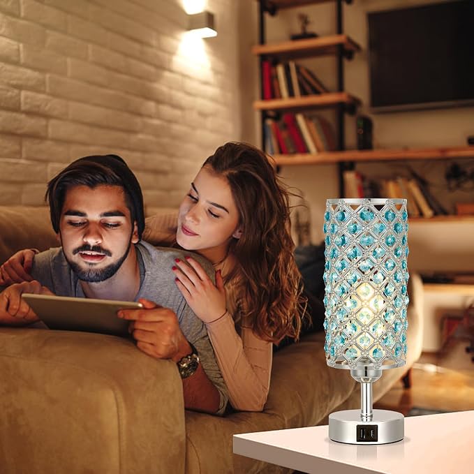 Hong-in Blue Crystal Table Lamp - 3-Way Dimmable Touch Control, Bedside Lamp with USB C and A Ports, Nightstand Light for Living Room, Bedroom, Home Office (Bulb Included)