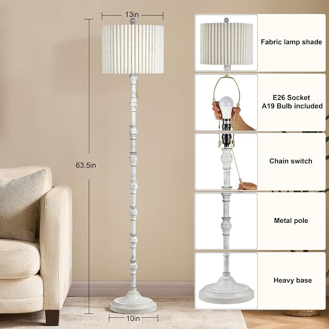 63.5'' Floor Lamps for Living Room, Farmhouse Floor Lamp for Bedroom with 3 Color Temperatures, Vintage Standing Lamps for Living Room, Living Room Light, Chain Switch, Bulb Included, White