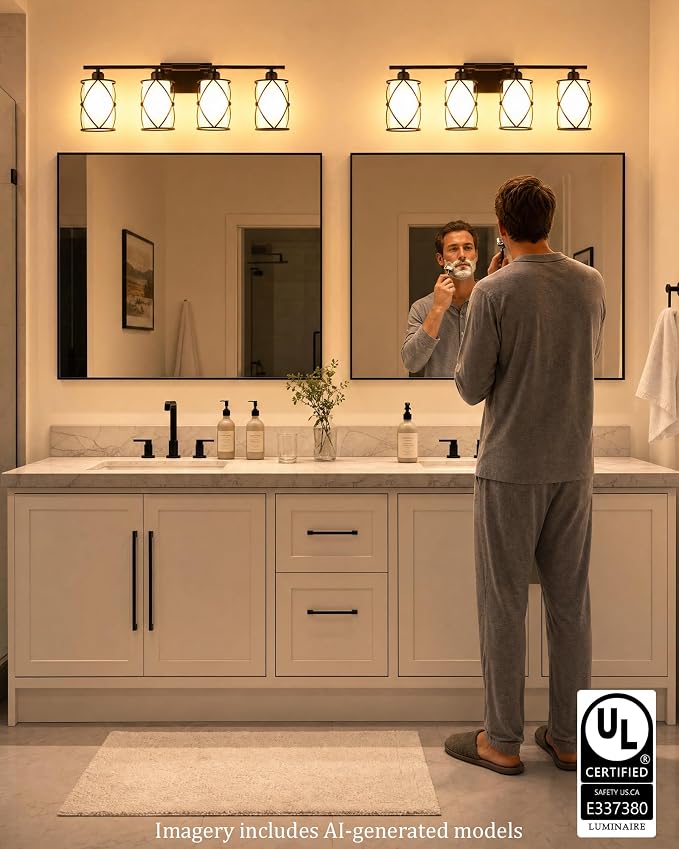 4-Light Oil Rubbed Bronze Bathroom Light Fixtures Over Mirror, 29" UL-Listed Modern Farmhouse Wall Sconce Lights with Milk White Frosted Glass and Metal Cage for Bath, E26, CH9176ORBW-4W
