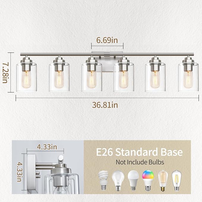 SKEJAO Bathroom Vanity Light Over Mirror,Brushed Nickel 6-Light Vanity Light for Bathroom,Bathroom Light Fixture Wall Sconce Lighting for Bedroom,Living Room