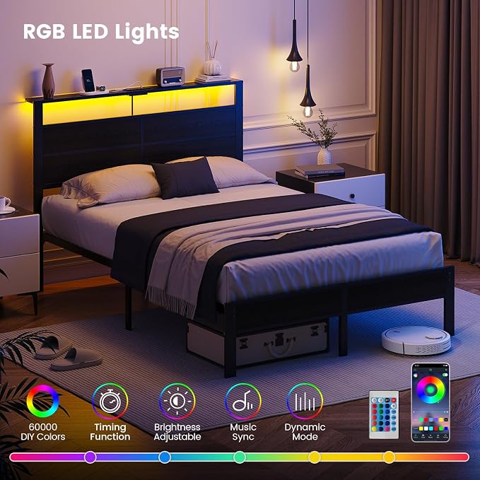 Full Size Metal Bed Frame with Storage Headboard, LED Lights | USB Charging Station, Metal Platform Bed with Sturdy Slats,Noise Free,No Box Spring Needed, Easy Assembly