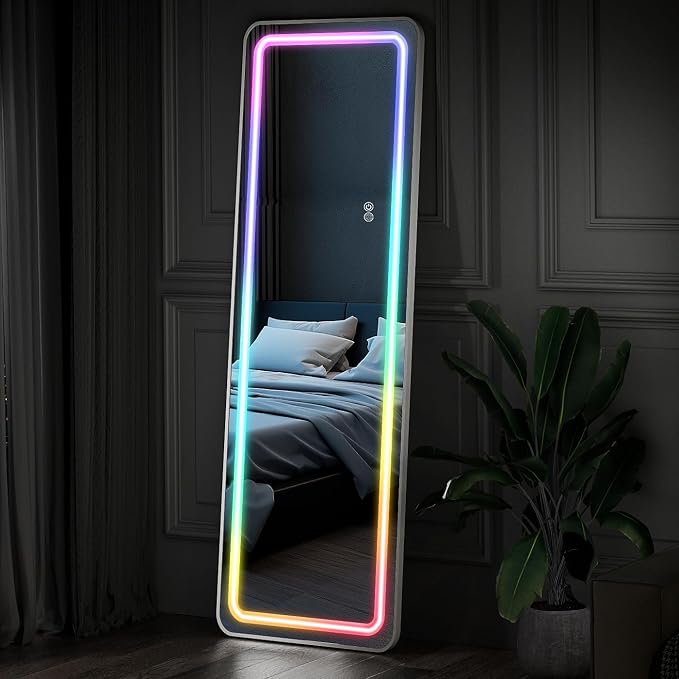 Koonmi LED Full Length Mirror, 63"x20" Full Length Lighted Mirror with Remote Control, RGB Color Changing Lights, 7 Dynamic Modes, Dimmable Brightness
