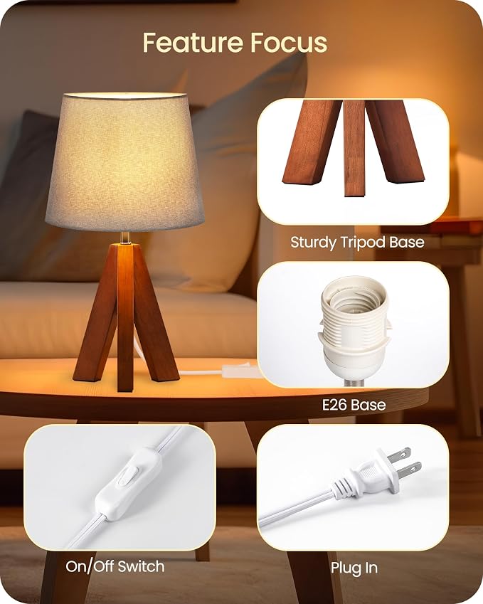 Tripod Table Lamp, 14.6" Small Bedside Lamp with Gray Linen Shade & Dark Wood Base, Modern Nightstand Lamp for Bedroom, Kids Room, Living Room, Nursery, Office, E26 Socket, LH51TL05