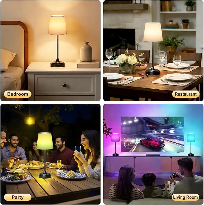 Wowag Cordless Table Lamp Rechargeable,5000mAh Battery Operated Desk Lamp,3 Colors & 7 RGB Stepless Dimmable,Touch Control Ambient Light for Bedside,Bedroom,Dining Room,Living Room,Black,WhiteShade