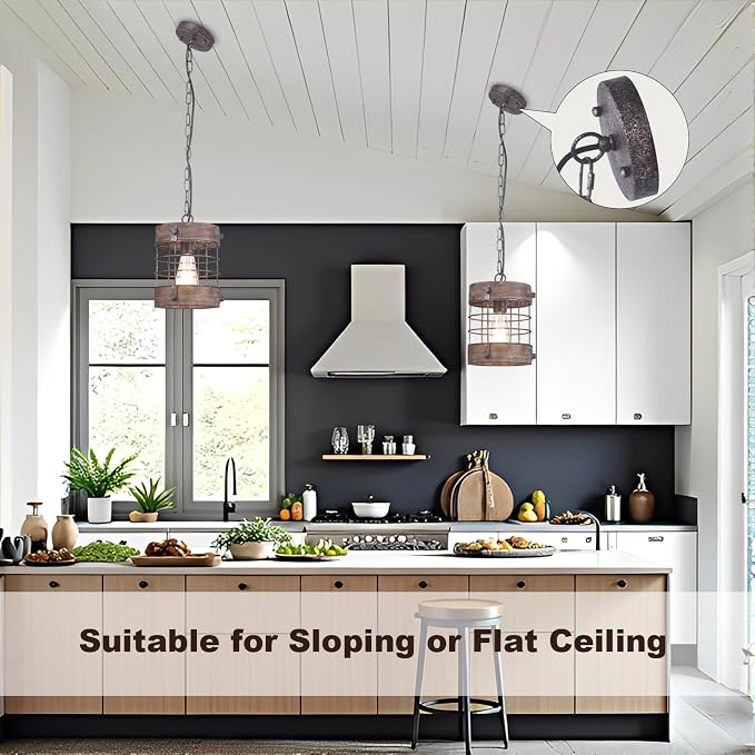 Farmhouse Pendant Light, Rustic Hallway Light Fixtures, Industrial Metal and Wood Chandelier 1-Light Round Cage, for Kitchen Island Foyer Hallway Bar Dining Room Entryway, D 7.9" X H 8.7" (Sliver)